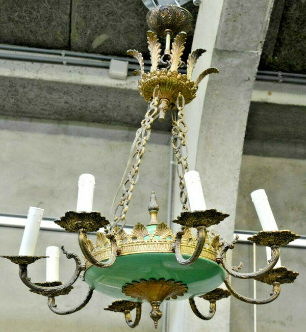 French Brass enamel Green Empire 8 arms chandelier pendant 1950