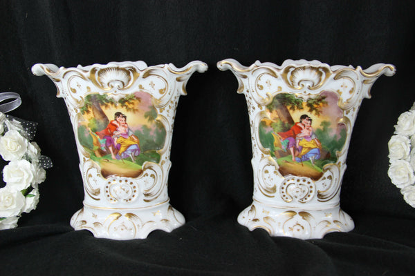 PAIR old french vieux paris porcelain antique Vases romantic floral scene