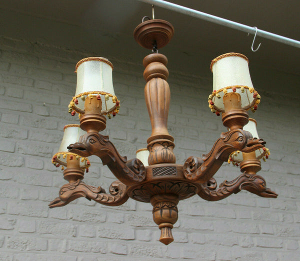 Vintage Flemish Griffin bird mythological wood carved Chandelier lamp rare 1960