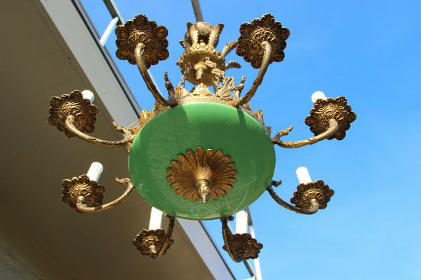 French Brass enamel Green Empire 8 arms chandelier pendant 1950