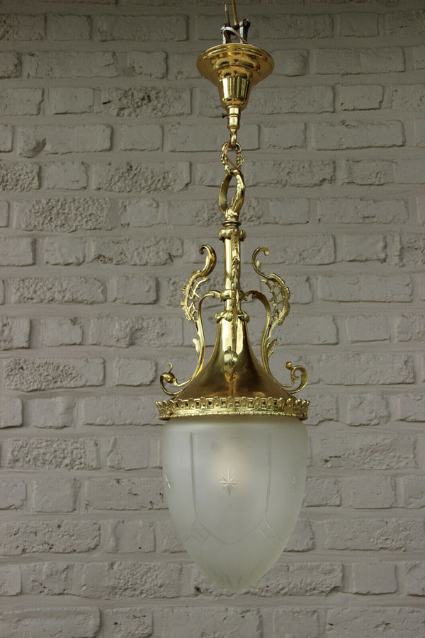 French Vintage 1970 Hall Lantern Chandelier Lamp crystal glass shade