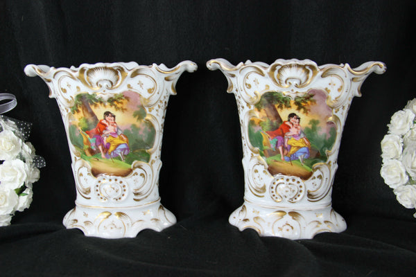 PAIR old french vieux paris porcelain antique Vases romantic floral scene