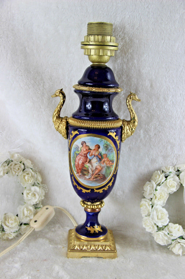Vintage French limoges porcelain victorian scene swan handles table lamp