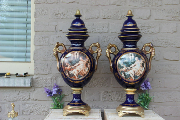 PAIR cobalt blue porcelain lidded Vases romantic decor marked 1950s