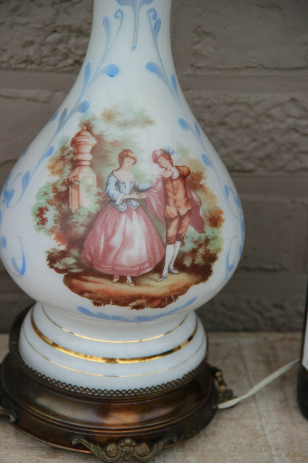 Stunning Vintage 1960 French opaline glass victorian scene table lamp rare