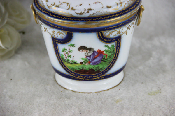 Antique French vieux paris porcelain victorian lady scene lidded Sugar bowl box