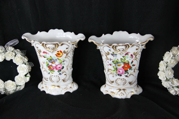 PAIR old french vieux paris porcelain antique Vases romantic floral scene