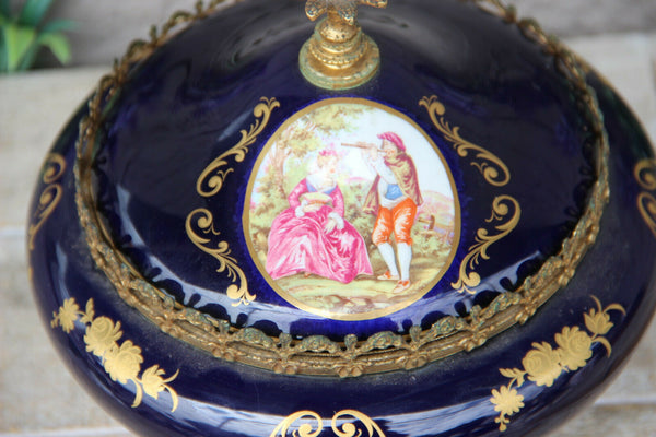Vintage Cobalt blue limoges porcelain fragonard victorian scene box marked