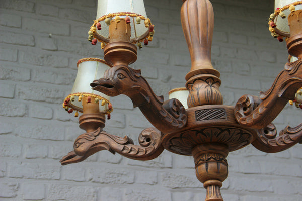Vintage Flemish Griffin bird mythological wood carved Chandelier lamp rare 1960