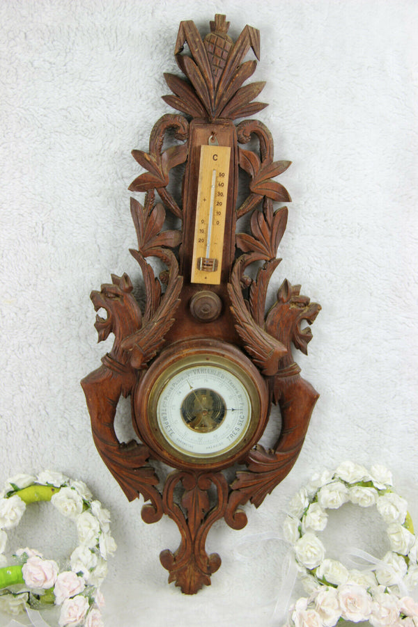 French wood carved black forest design dragons gothic barometer 1960