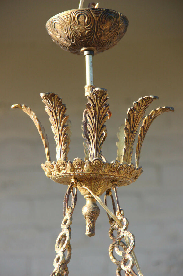 French Brass enamel Green Empire 8 arms chandelier pendant 1950