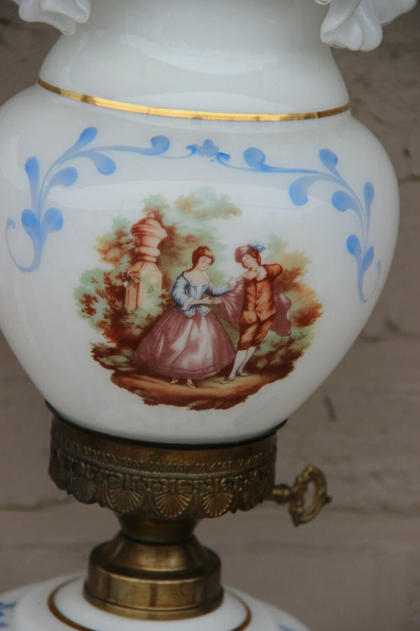 Stunning Vintage 1960 French opaline glass victorian scene table lamp rare