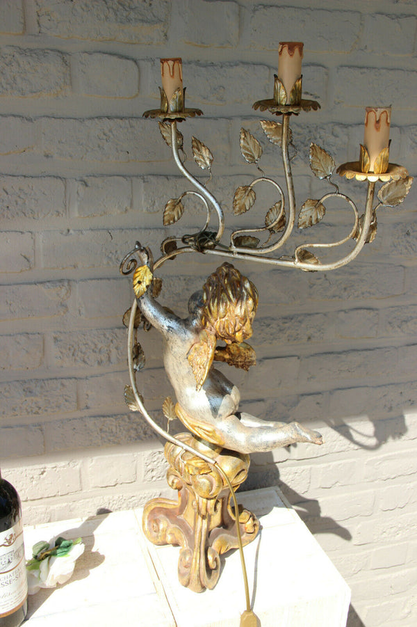 Vintage italian wood carved polychrome Angel putti lamp