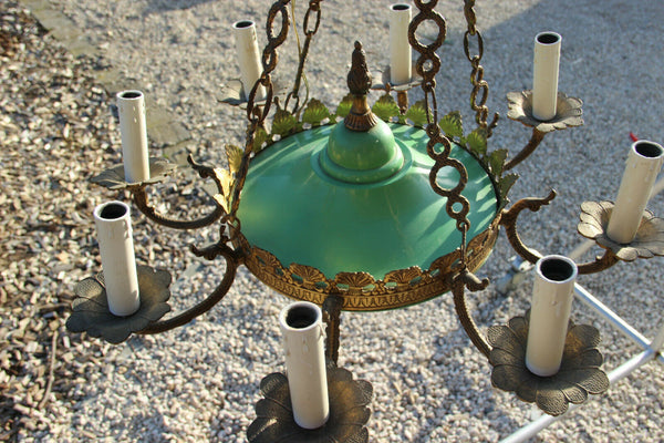 French Brass enamel Green Empire 8 arms chandelier pendant 1950