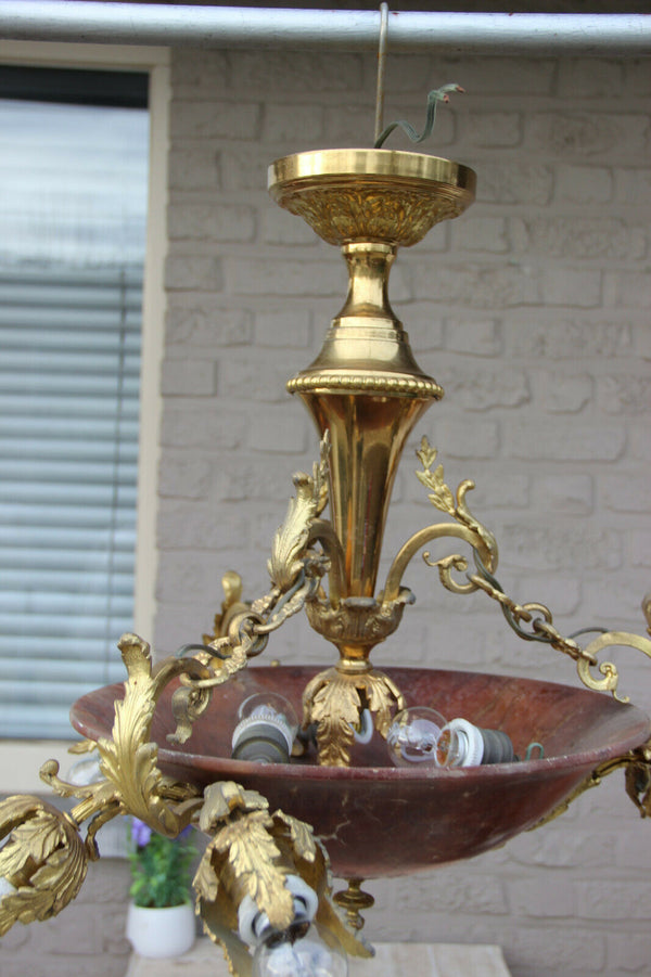 Vintage French Alabaster amber Bowl Chandelier Bronze brass 1960