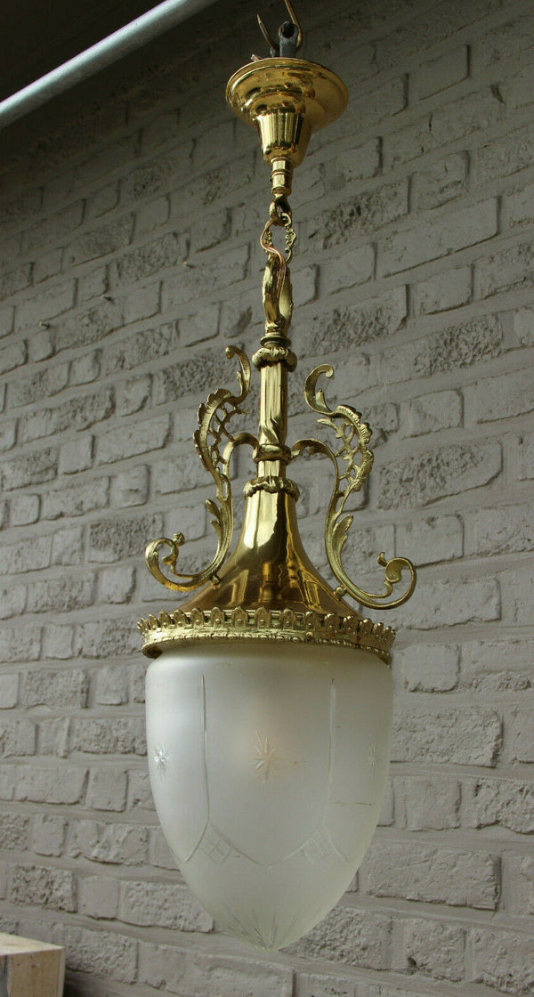 French Vintage 1970 Hall Lantern Chandelier Lamp crystal glass shade