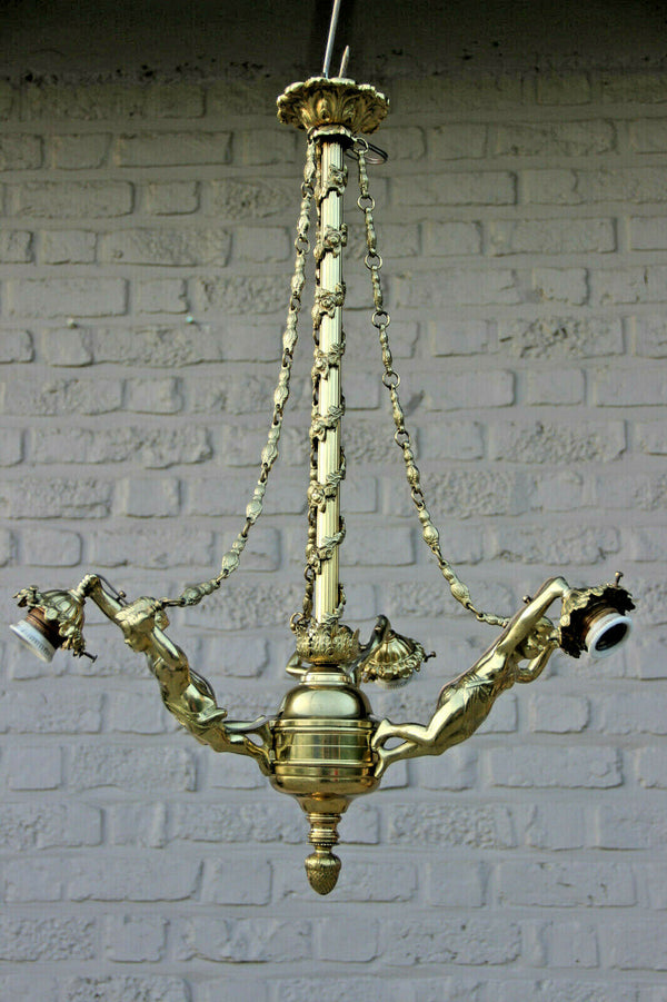 French Brass 3 Putti angel Chandelier lamp chains
