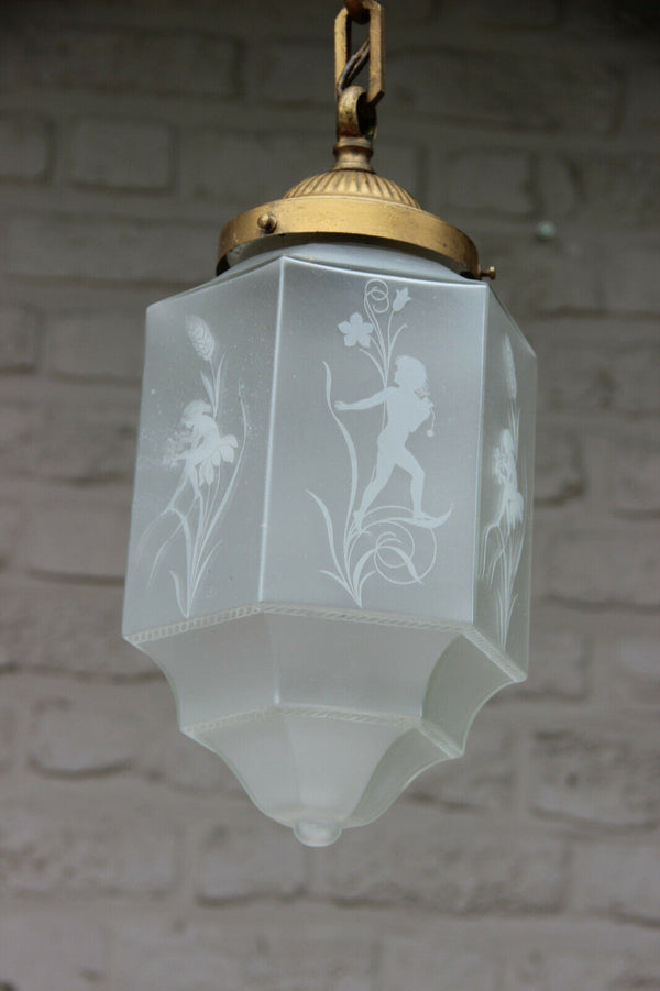 RAre French art deco glass etched Skyscraper LAntern Lamp chandelier putti