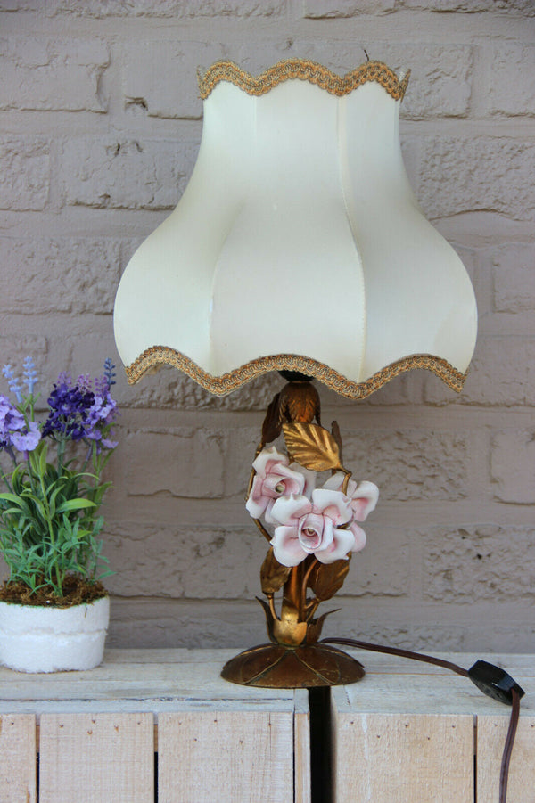 French metal gold gilt pink porcelain flower table lamp 1960
