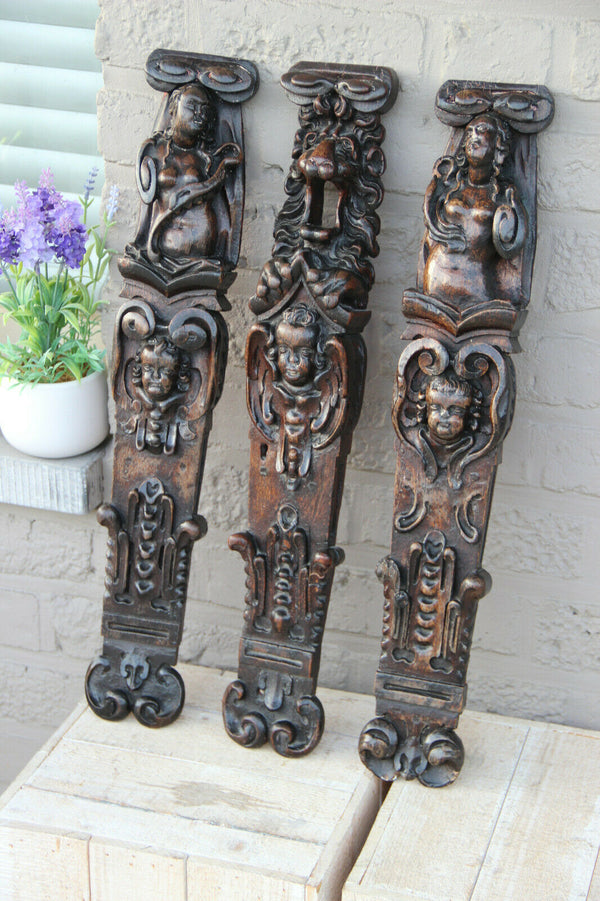 Set 3 black forest Antique wood carved Figurine lion head wall panels plaques