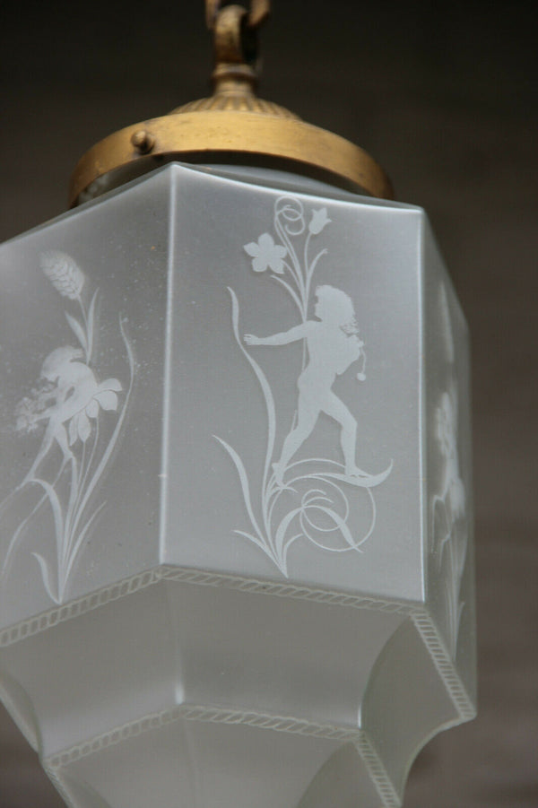 RAre French art deco glass etched Skyscraper LAntern Lamp chandelier putti