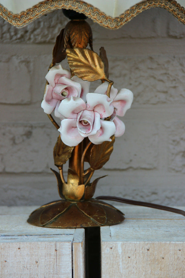 French metal gold gilt pink porcelain flower table lamp 1960