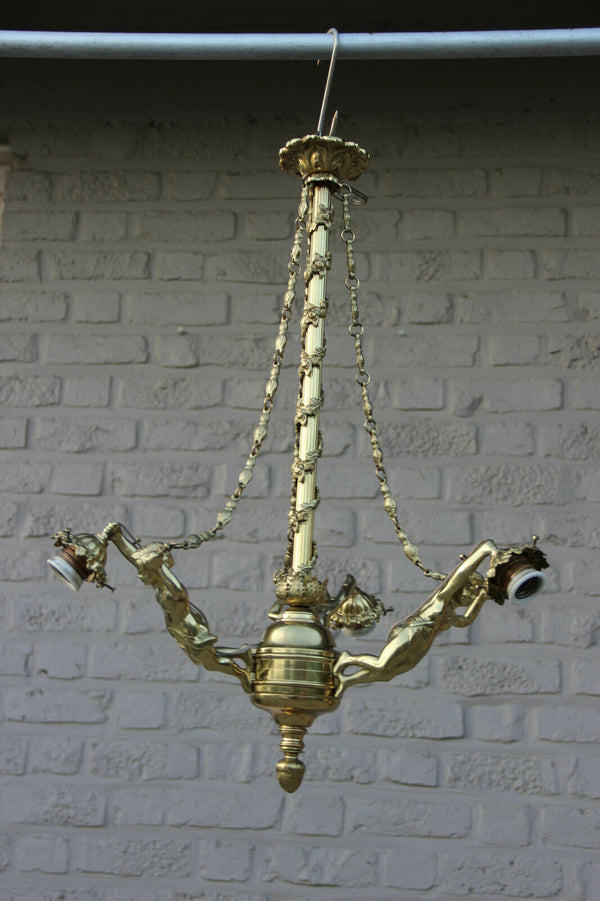 French Brass 3 Putti angel Chandelier lamp chains