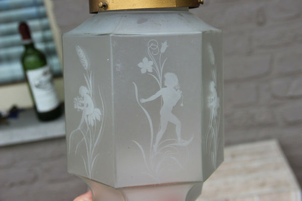 RAre French art deco glass etched Skyscraper LAntern Lamp chandelier putti