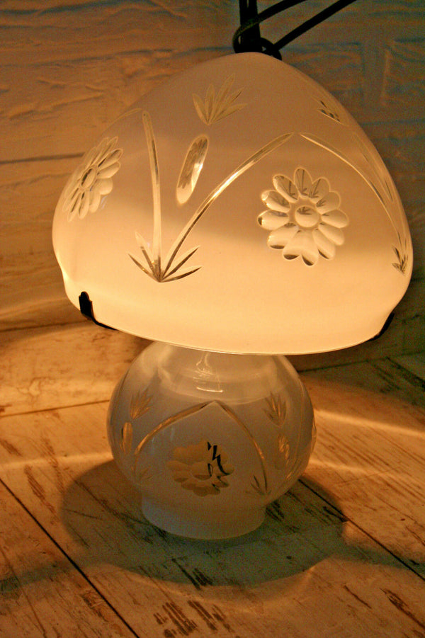 Rare mid century WHITE Cut clear mushroom glass lamp 1950 Bohemian