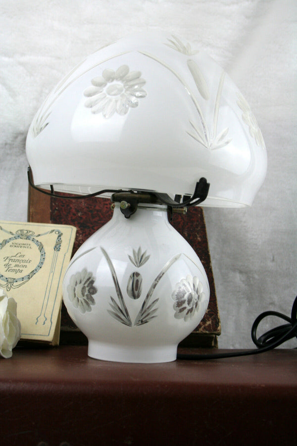 Rare mid century WHITE Cut clear mushroom glass lamp 1950 Bohemian