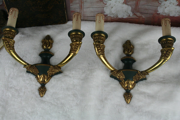 PAIR large FRench Empire Satyr heads green brass bronze sonces  wall lights 1920