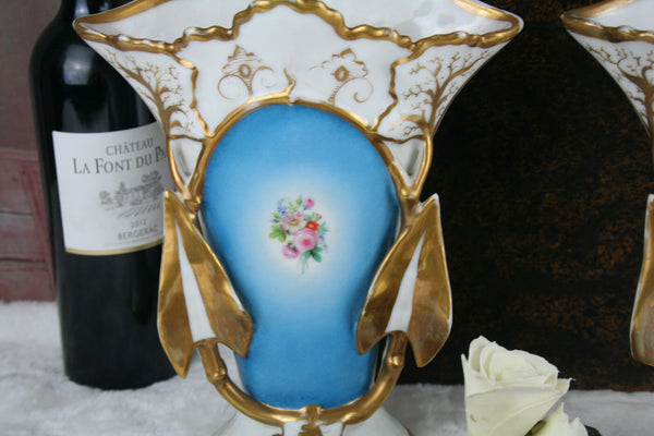 PAIR french vieux paris porcelain Vases floral decor louis-philippe cornet 1900