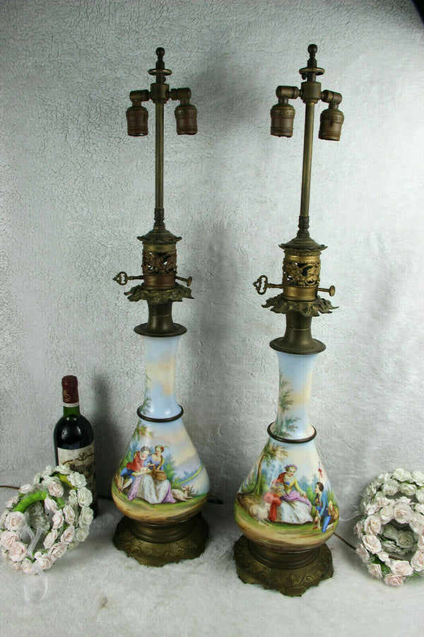XXL PAIR antique French vieux paris porcelain hand paint table lamps romantic