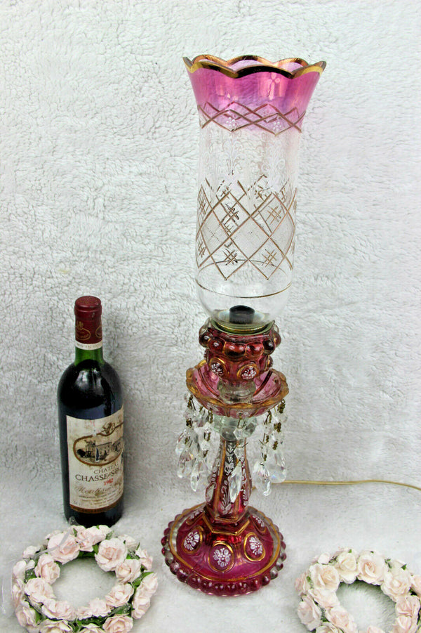 Antique Bohemian Cranberry Glass Girandole lamp crystal glass pendants Rare