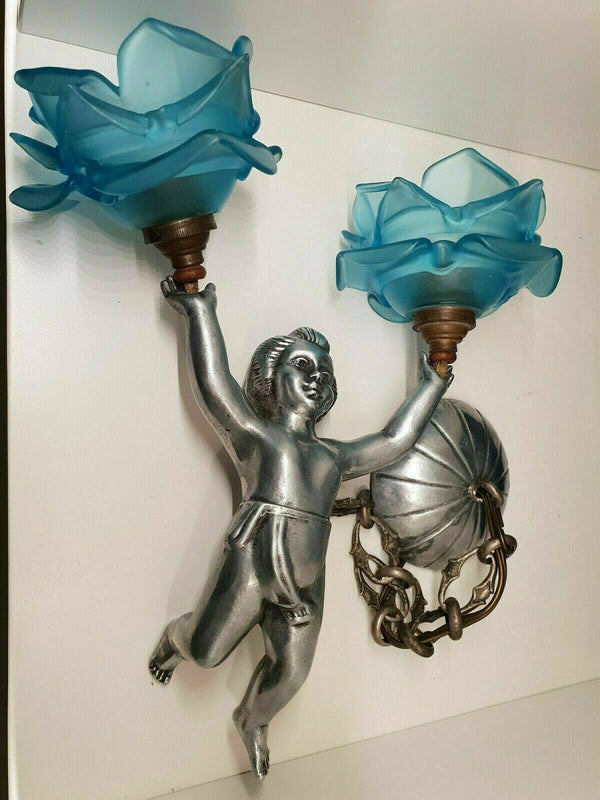 Antique Metal Silver patina Putti angel Chandelier pendant lamp blue glass shade