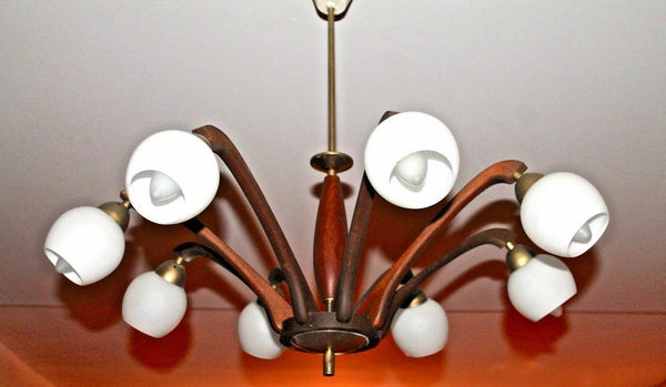 Mid century Scandinavian teak wood Brass 8 arms opaline glass chandelier 60s