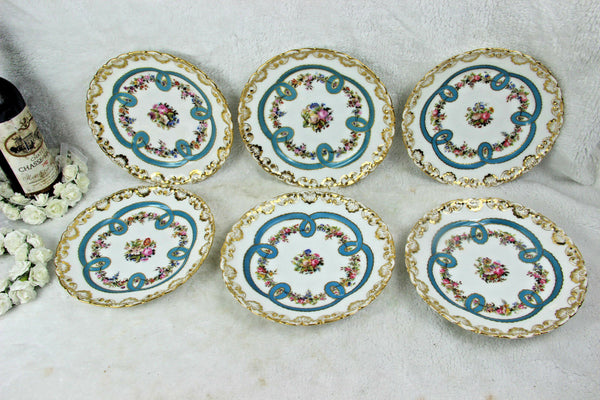 Set 6 old brussels porcelain hand paint floral plates Top pieces signed 19thc
