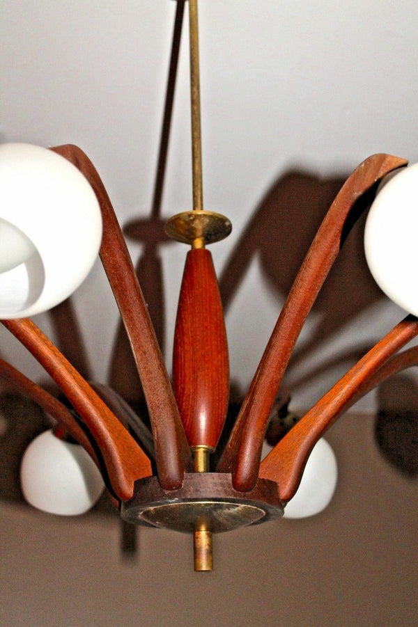 Mid century Scandinavian teak wood Brass 8 arms opaline glass chandelier 60s