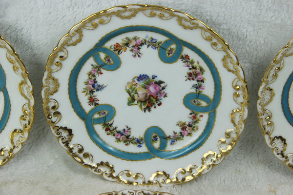 Set 6 old brussels porcelain hand paint floral plates Top pieces signed 19thc