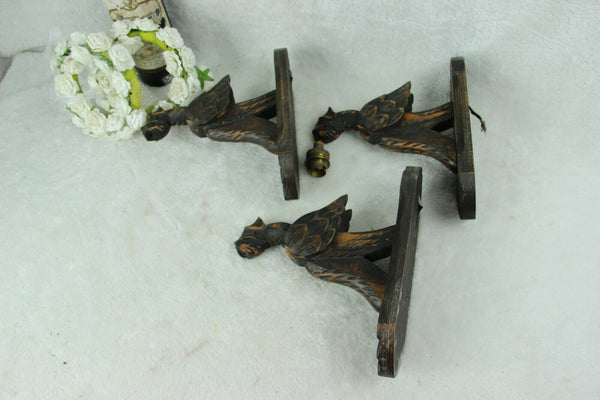 SET 3 Wood carved french dragon gothic Wall lights sconces 1960