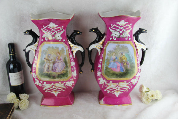 PAIR antique 1900 Vieux paris porcelain Dragon gothic handle Vases romantic