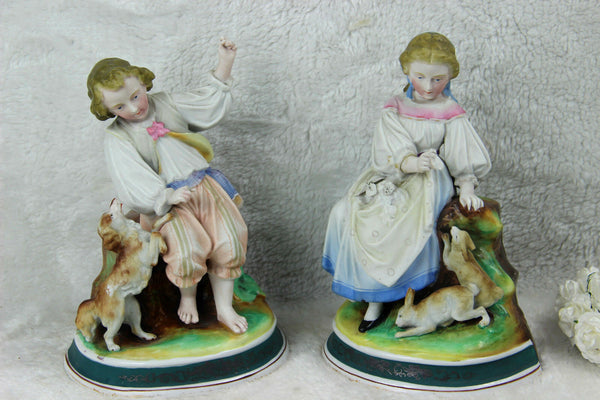 PAIR vieux andenne porcelain pique fleur statue figurines dog rabbits vase