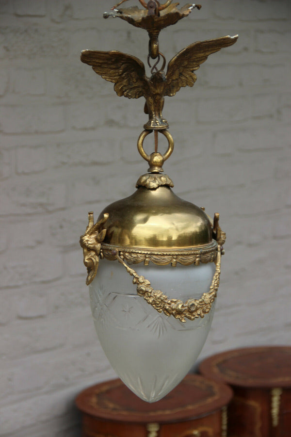 Antique french bronze crystal glass lantern chandelier eagle ram heads