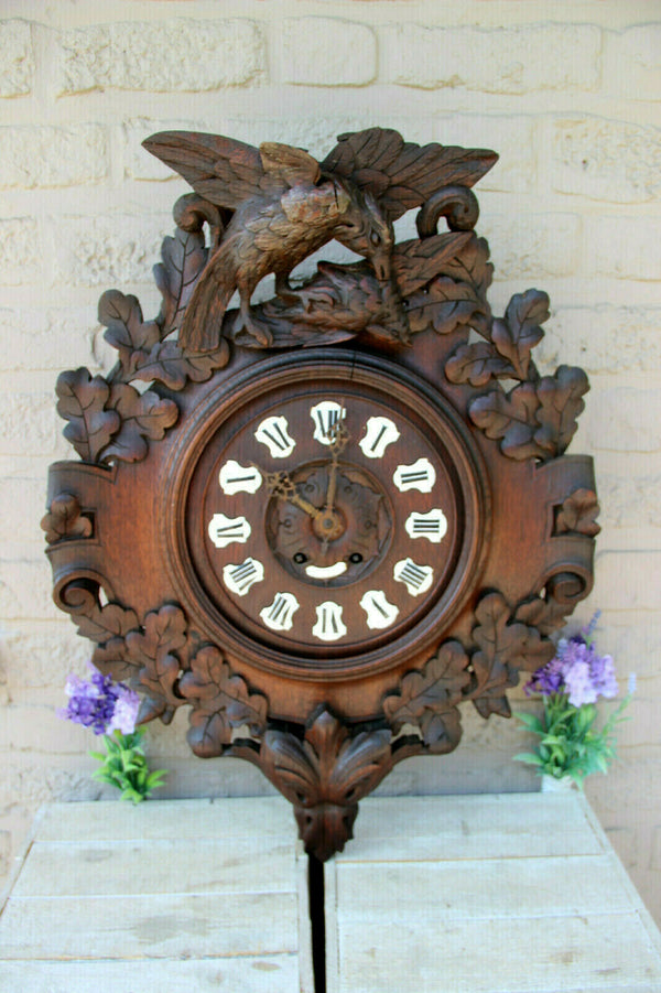 Antique Swiss Black forest wood carved Wall clock birds 19thc