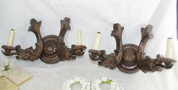 PAIR huge antique wood carved french Dragon gothic castle Wall lights sconces