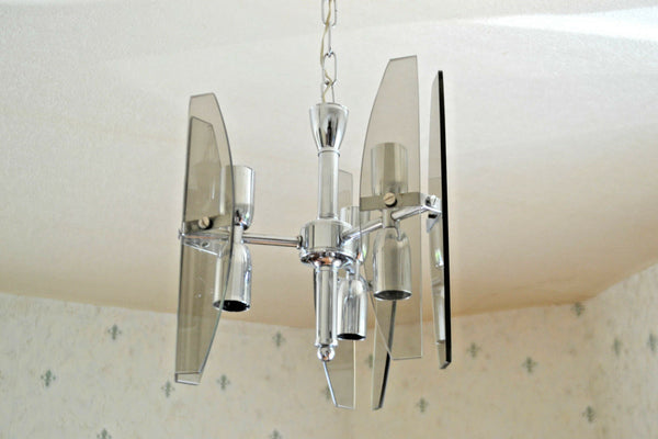 Fontana arte design mid century smoked glass 6 lights chandelier pendant 1960's
