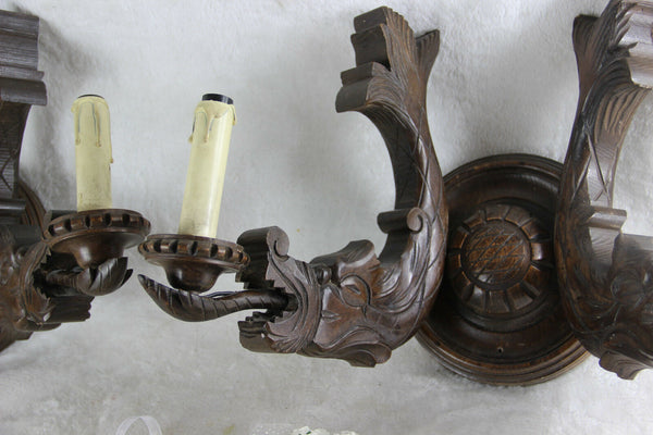 PAIR huge antique wood carved french Dragon gothic castle Wall lights sconces