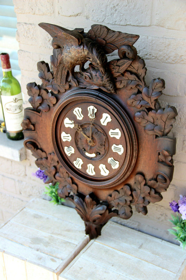 Antique Swiss Black forest wood carved Wall clock birds 19thc