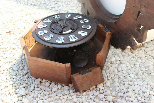 Antique Swiss Black forest wood carved Wall clock birds 19thc