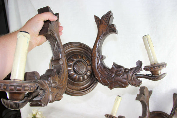 PAIR huge antique wood carved french Dragon gothic castle Wall lights sconces